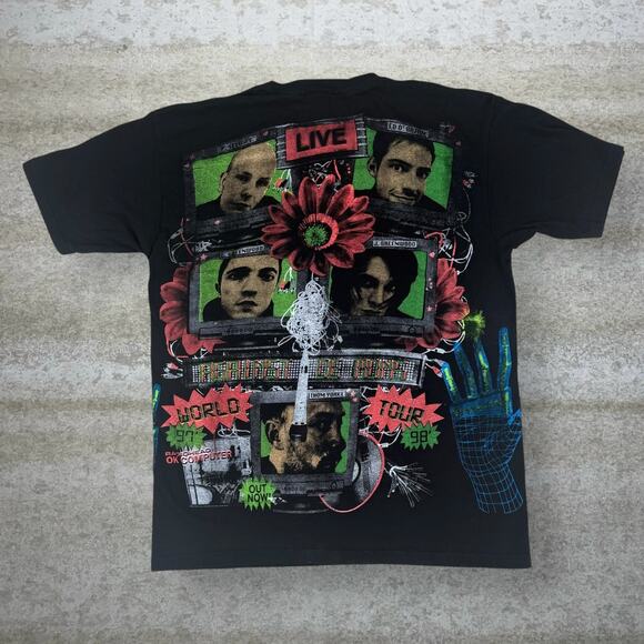 Vintage Y2K Backstock Radiohead Shirt Mens L Jet Black AOP Cotton Short Sleeve - Picture 2 of 4
